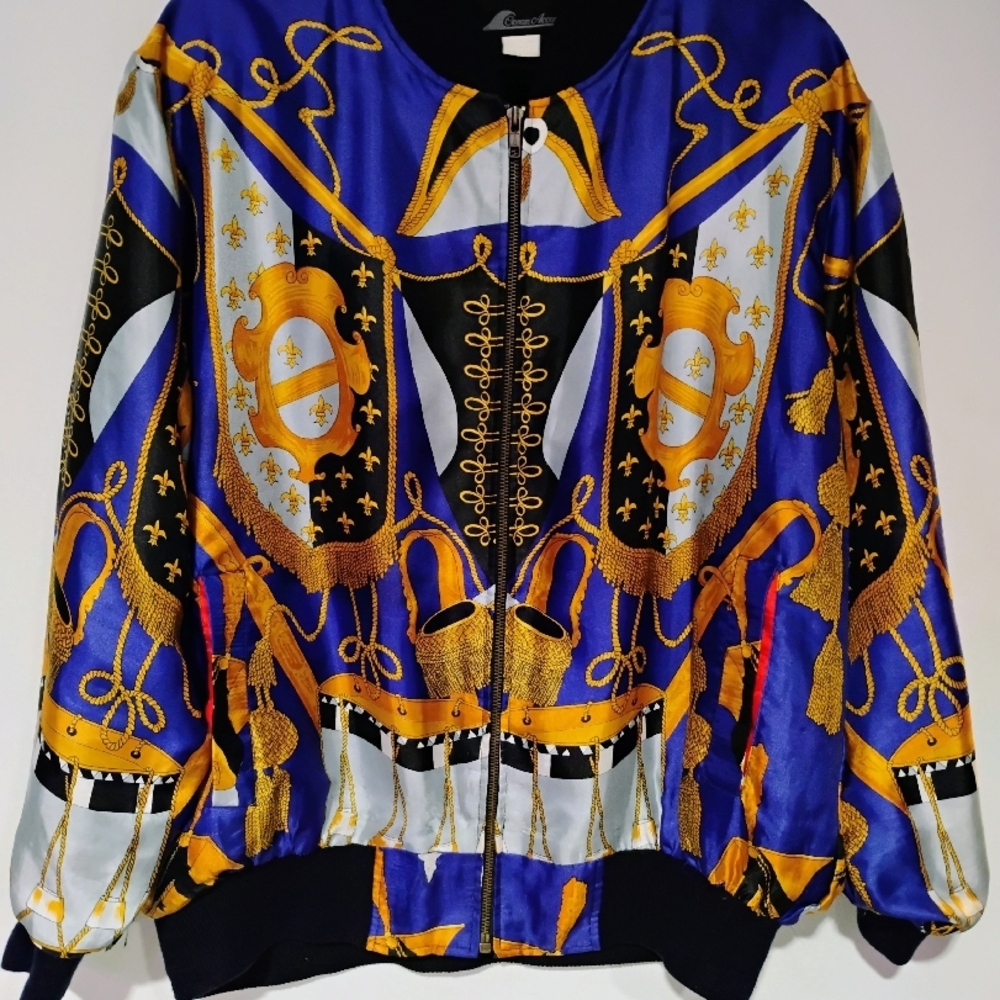 90s inspired royal blue and gold bomber jacket with tassel design